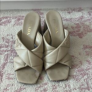 Prada Women's Cream Leather Crisscross Mules